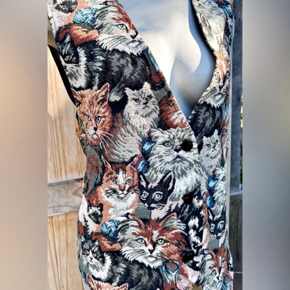 Vintage 90’s Facets by Mirrors Cat Kitten Collage Tapestry Cat Lady Vest~1X~USA - Picture 2 of 7